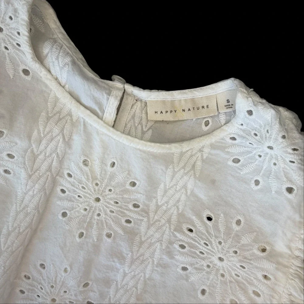 Happy Nature 100% Cotton Eyelet Long Sleeve Top Blouse Sz S Boho Chic Prairie